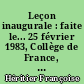 Leçon inaugurale : faite le... 25 février 1983, Collège de France, chaire d'étude comparée des sociétés africaines