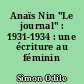 Anaïs Nin "Le journal" : 1931-1934 : une écriture au féminin ?